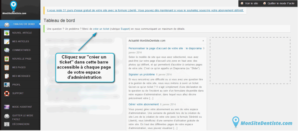 Vous pouvez créer un ticket à partir de n'importe quelle page (cliquez sur l'image pour l'agrandir).
